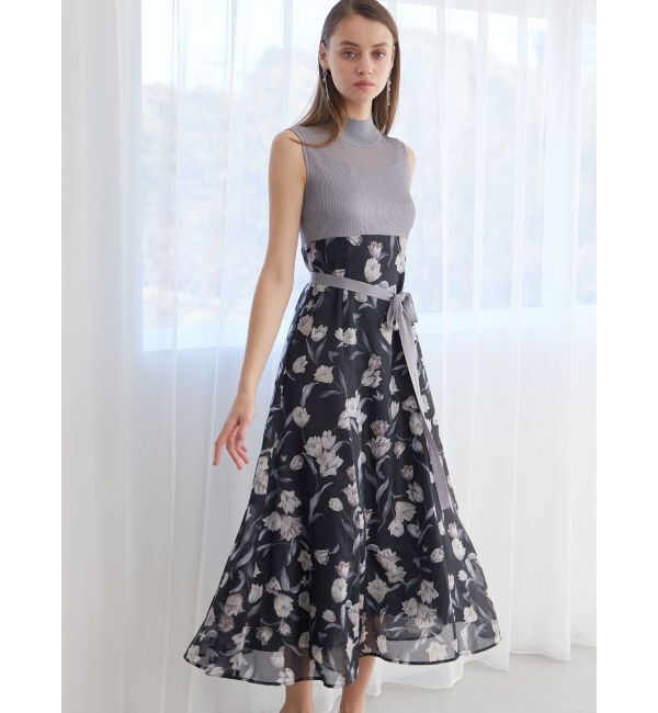 MERCURYDUO「シアーノースリニット花柄ドッキングワンピース」|ワンピース|