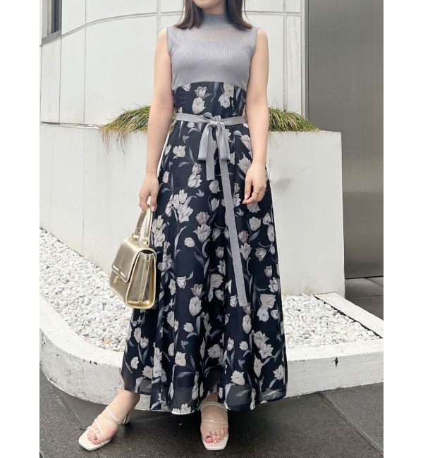 MERCURYDUO「シアーノースリニット花柄ドッキングワンピース」|ワンピース|ネイビー