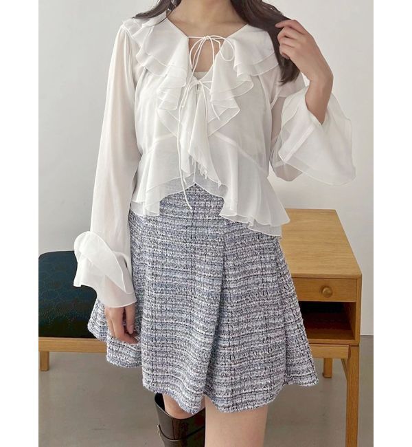 MERCURYDUO「シアーラッフルダブルリボンブラウス」|シャツ・ブラウス|オフホワイト