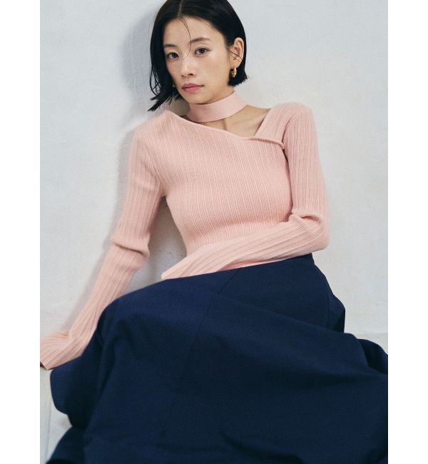 LAGUNAMOON「ボウタイアシンメトリーネックニットプルオーバー」|ニット・セーター|ピンク