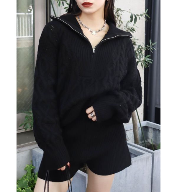 EVRIS「ハーフジップケーブルニットトップス【セットアップ着用可能】」|ニット・セーター|ブラック