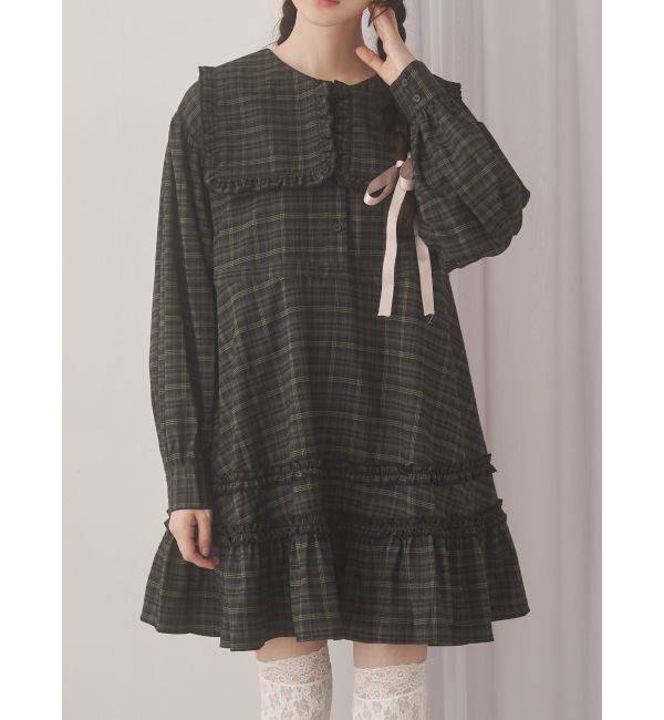 merry jenny「checkスクエアカラーミニワンピース」|ワンピース|グリーン