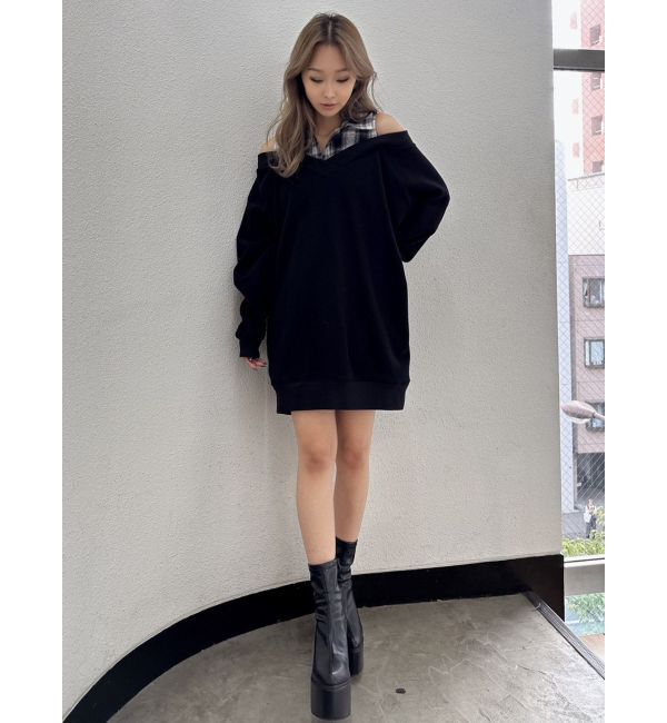 GYDA「CHECK シャツ ドッキング オフショル ワンピース」|ワンピース|