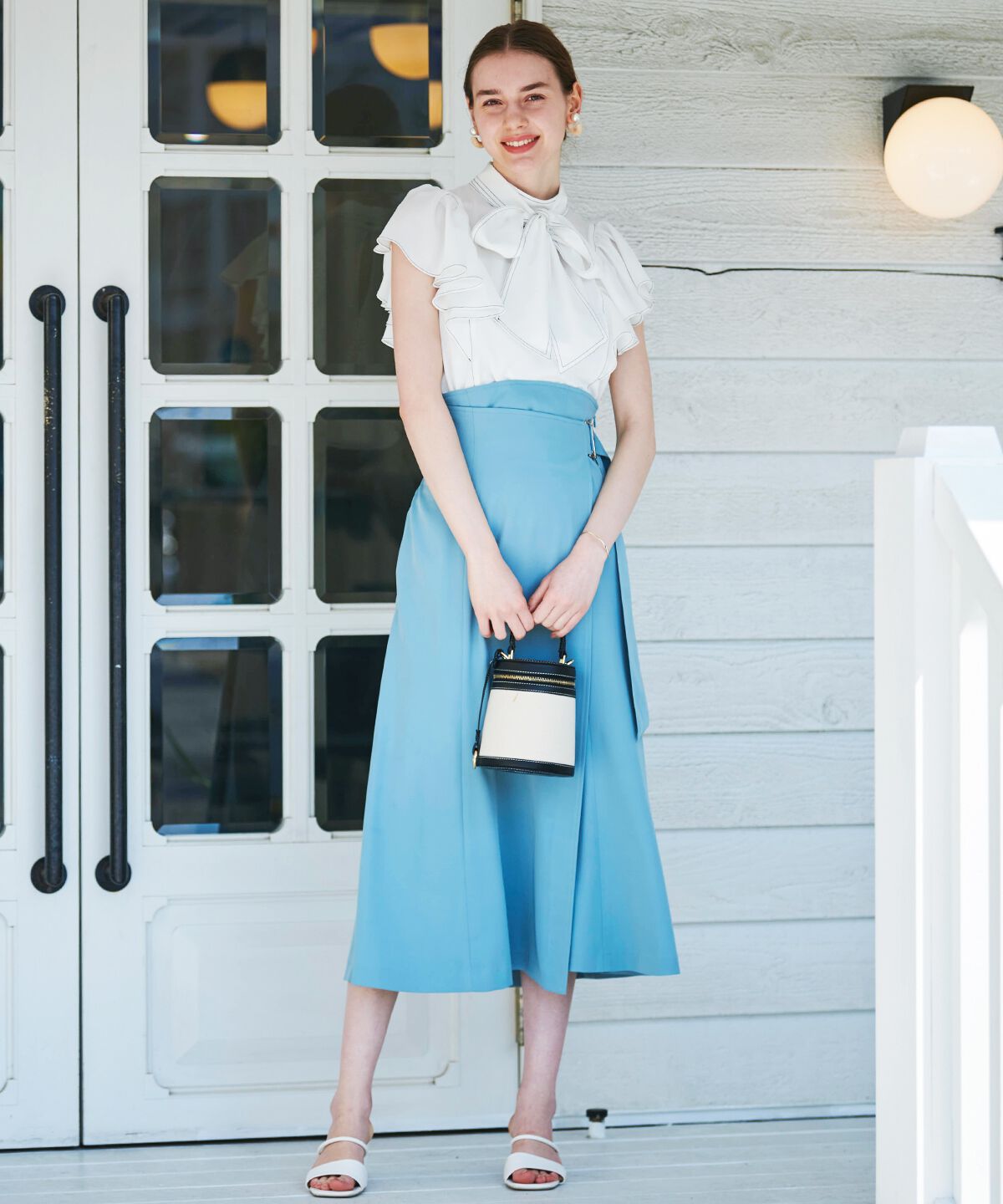 アンドクチュール「サイドバックルラップナロースカート」|タイト|グリーン