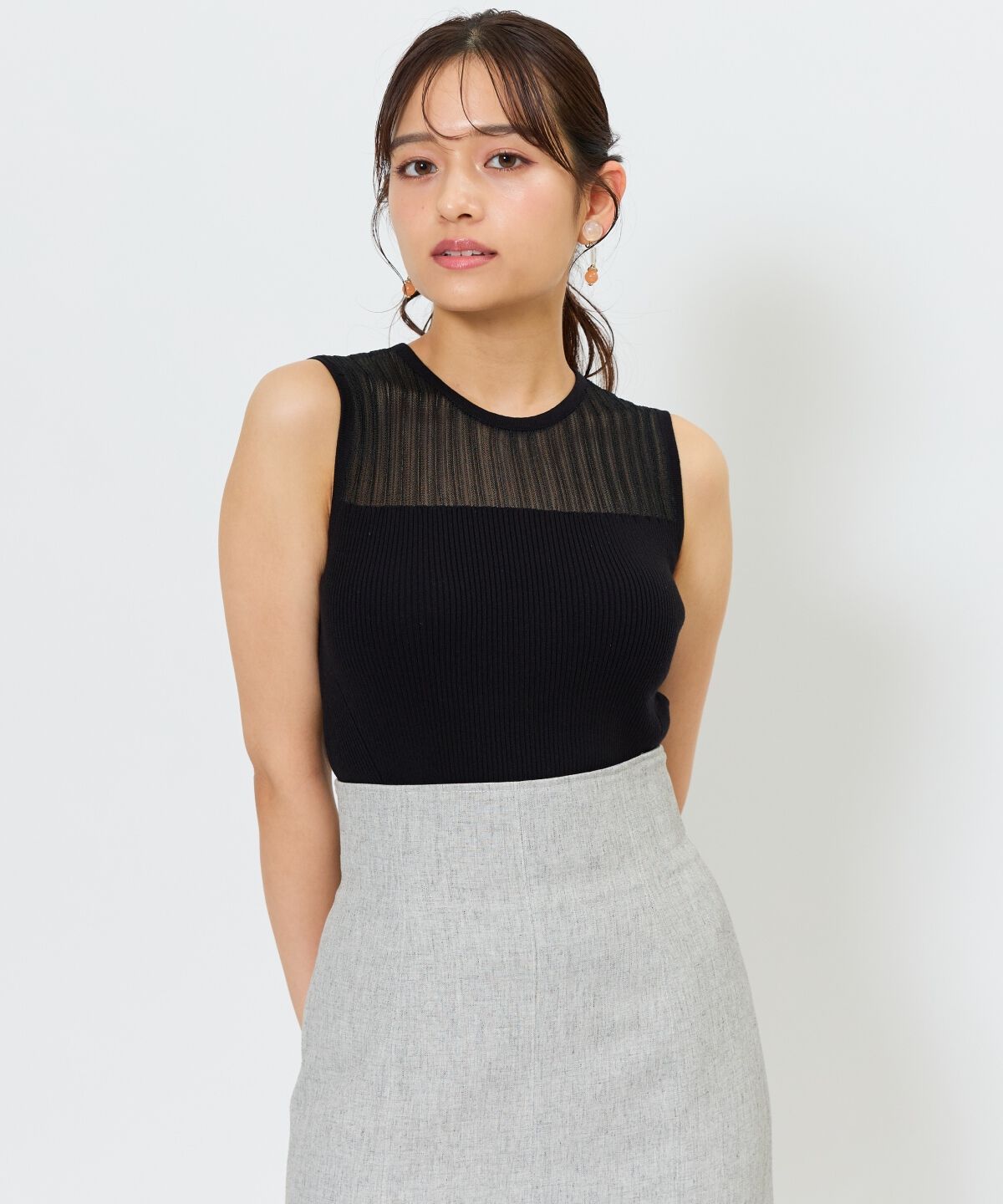 アンドクチュール「シアー切替ノースリトップス」|ニット・セーター|ブラック