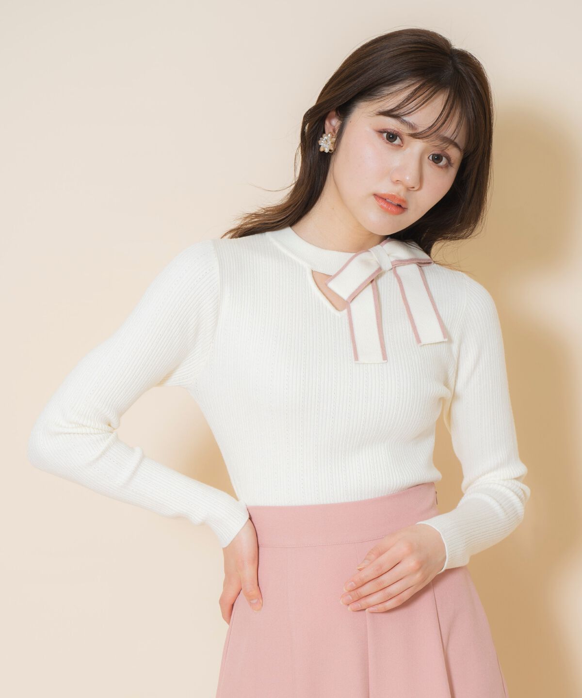 WILLSELECTION「アシメリボンプルオーバー」|ニット・セーター|白系チェック