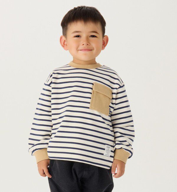 SHIPS Colors 「SHIPS Colors: 80～130cm / ミニ裏毛 ボーダー ポケット トップス」|Tシャツ・カットソー|オフホワイト