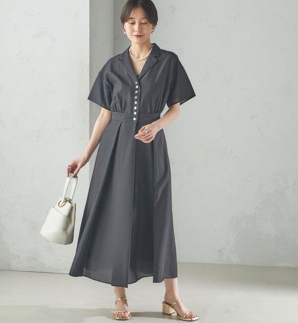 SHIPS for women「〈手洗い可能〉フロント ボタン 半袖 シャツ ワンピース」|ワンピース|ブラック