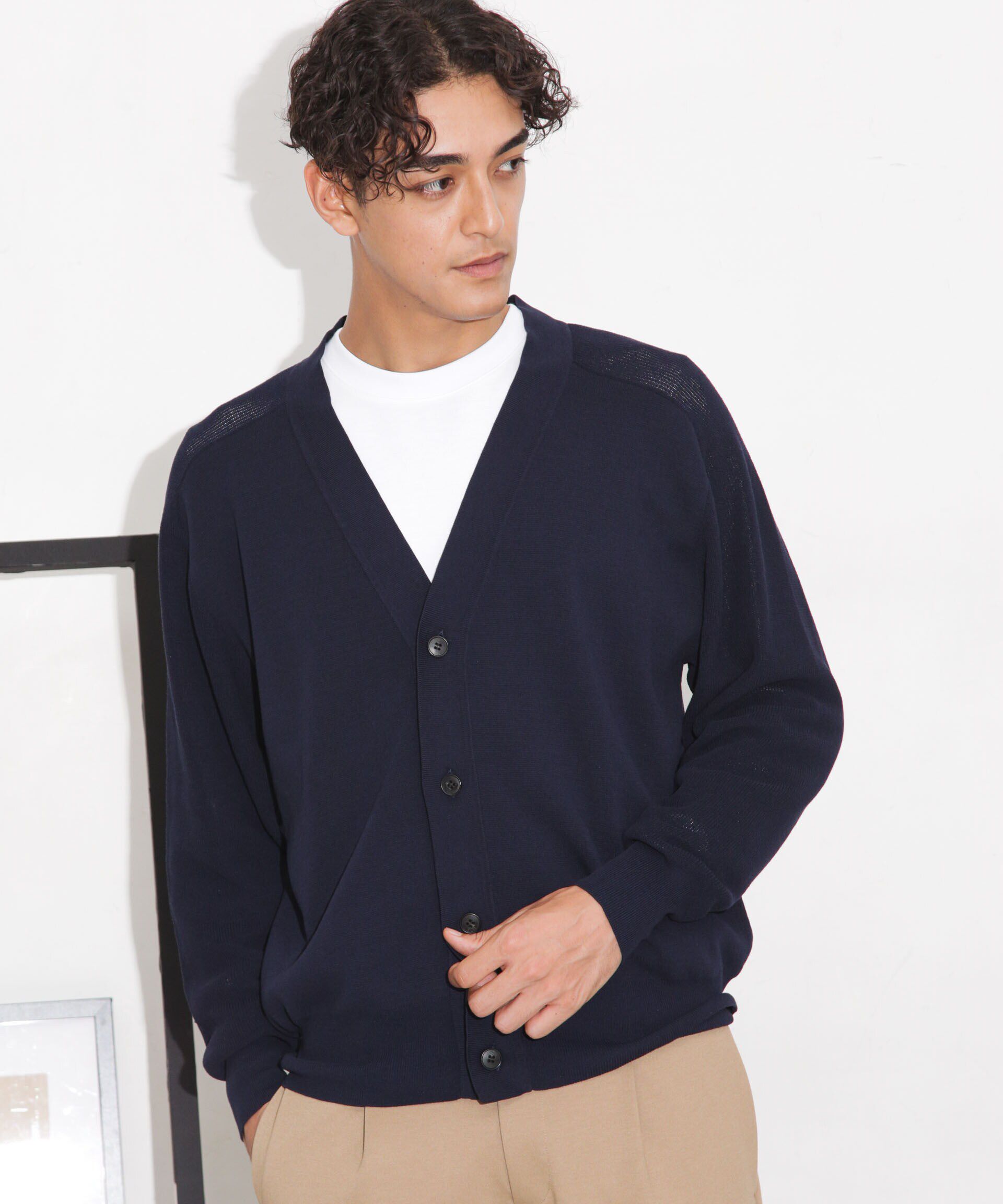 nano･universe「C/solotex(R)サドルショルダーVネックカーディガン」|ニット・セーター|D.ネイビー1