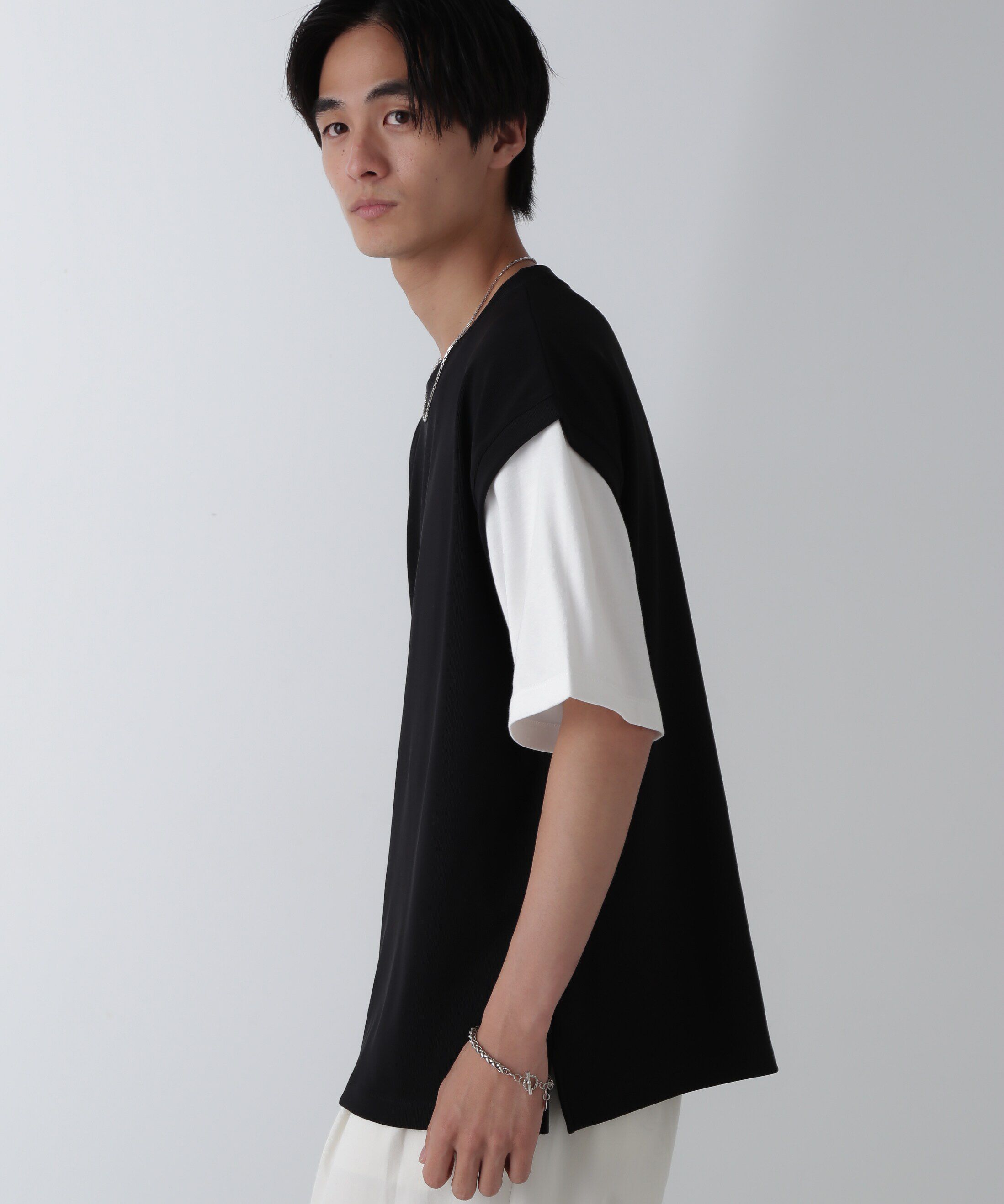 nano･universe「フェイクレイヤードリラックスTシャツ 半袖」|Tシャツ・カットソー|ブラック