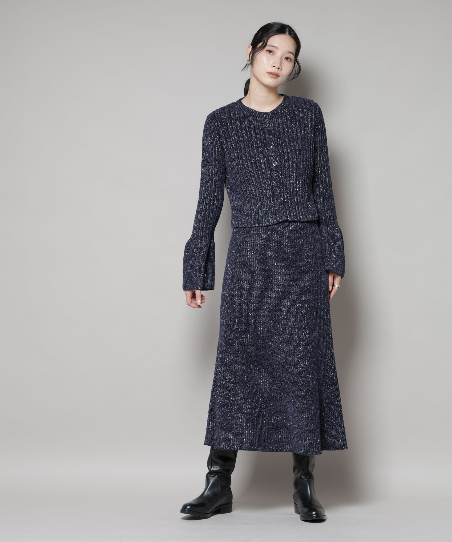 nano･universe「ラメモールワイドリブ前後2WAYフレアスリーブニット(セットアップ可)」|ニット・セーター|