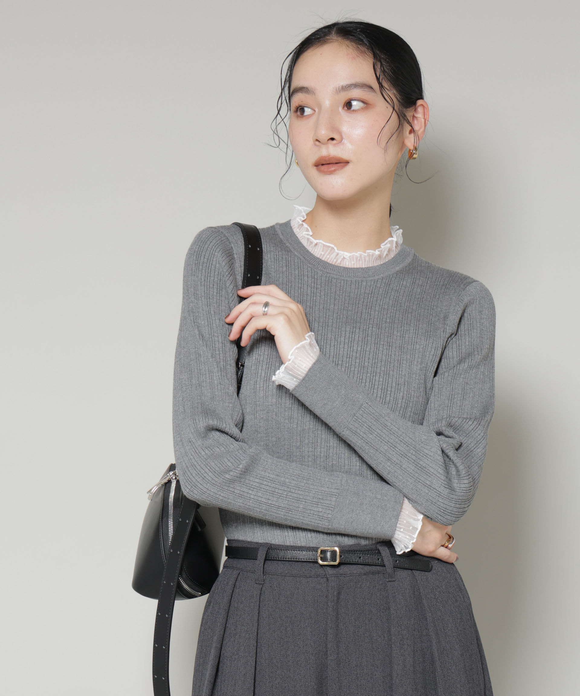 nano･universe「ホホバオイル加工チュールフリル付きランダムリブニット」|ニット・セーター|