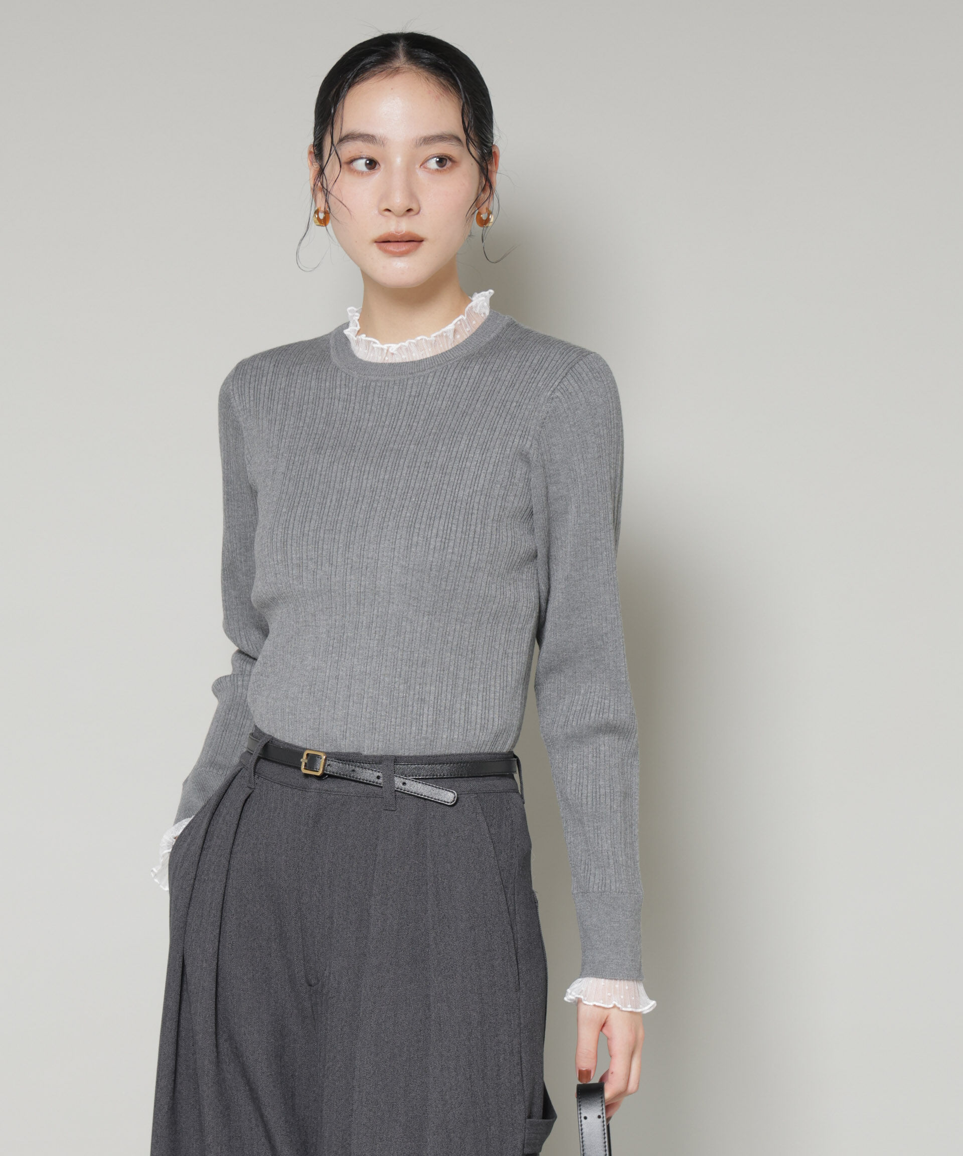 nano･universe「ホホバオイル加工チュールフリル付きランダムリブニット」|ニット・セーター|
