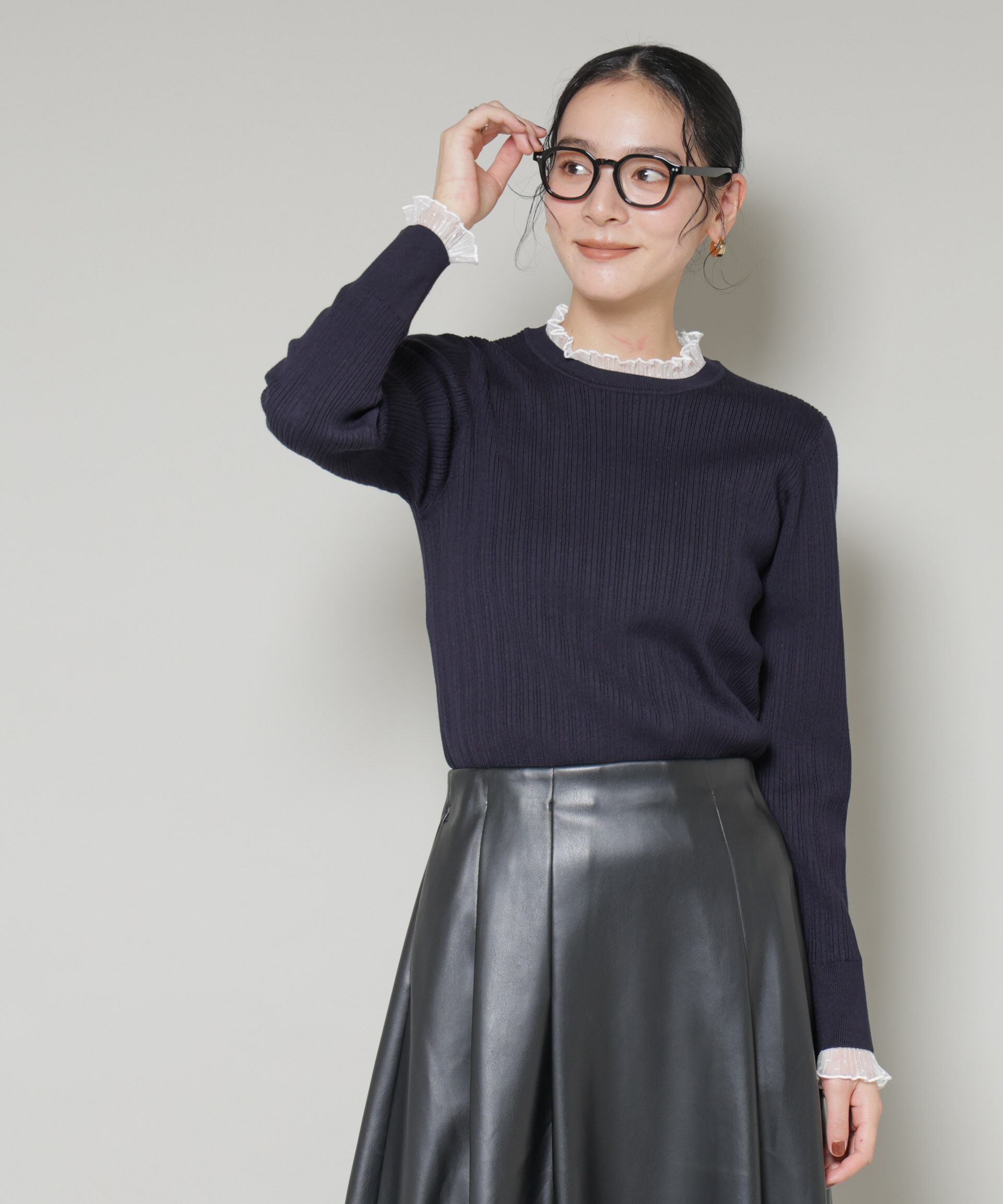 nano･universe「ホホバオイル加工チュールフリル付きランダムリブニット」|ニット・セーター|