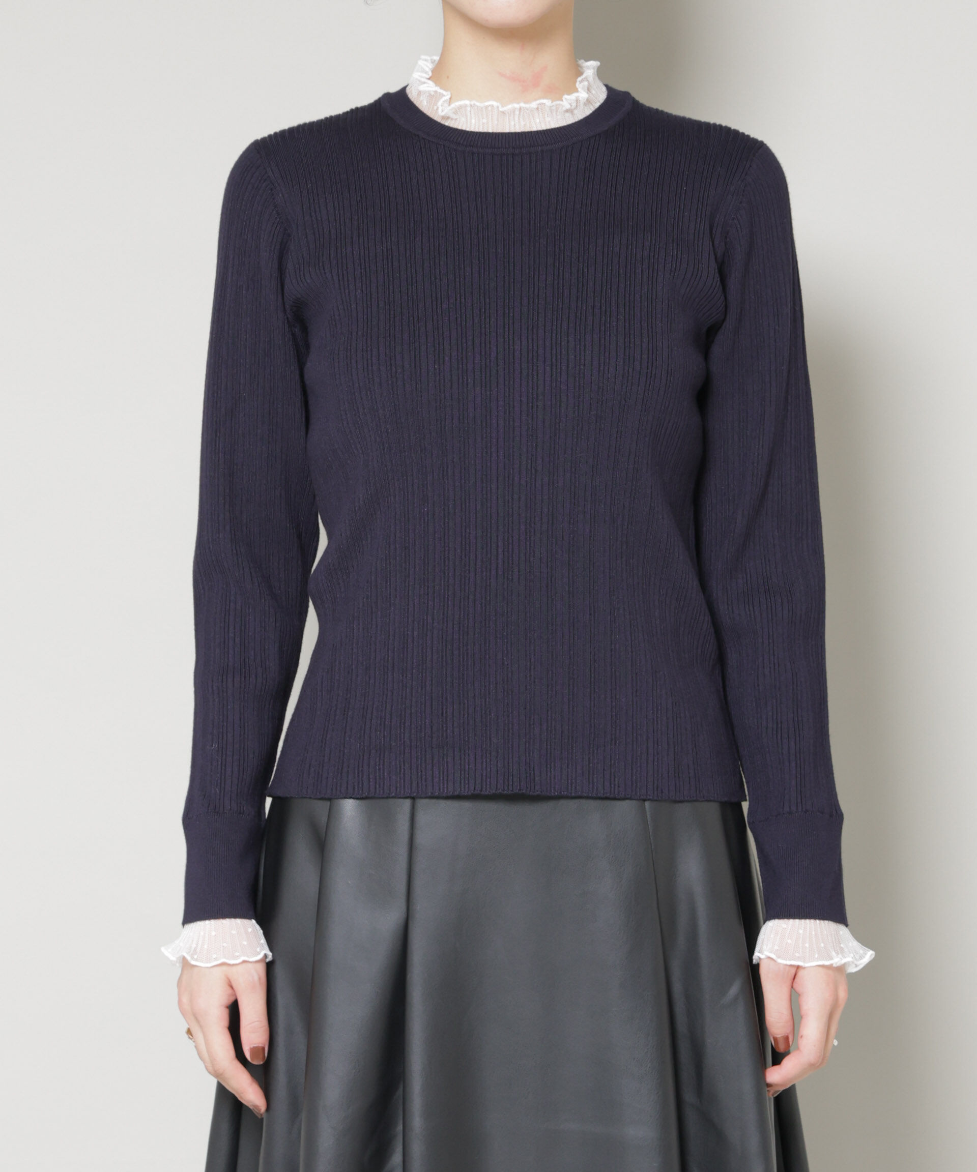 nano･universe「ホホバオイル加工チュールフリル付きランダムリブニット」|ニット・セーター|