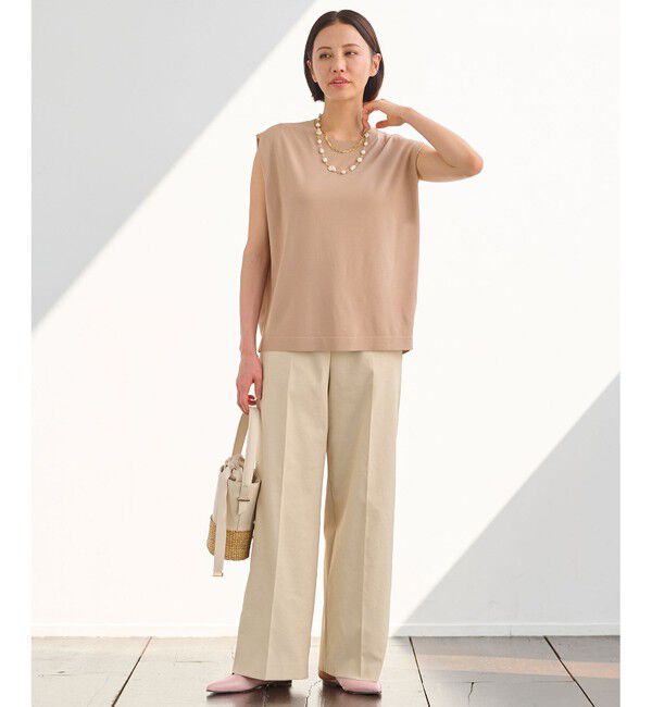 自由区「【洗える・XSサイズあり】クレープストレッチノースリーブ ニット」|ニット・セーター|