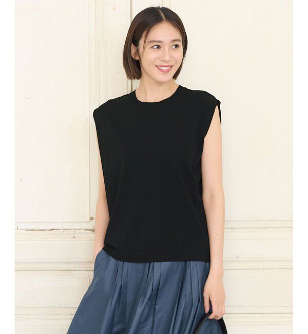 自由区「【洗える・XSサイズあり】クレープストレッチノースリーブ ニット」|ニット・セーター|ネイビー系