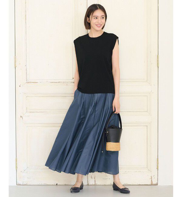 自由区「【洗える・XSサイズあり】クレープストレッチノースリーブ ニット」|ニット・セーター|