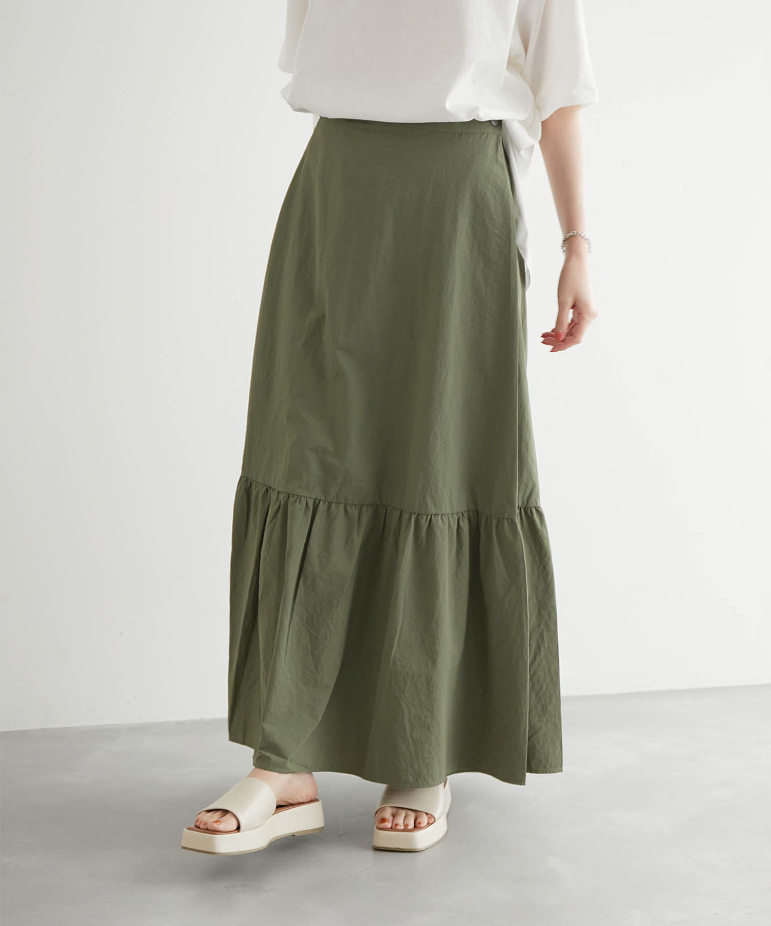 Rope&rsquo;Picnic「ラップ風タックタフタスカート」|スカート|カーキ(36)