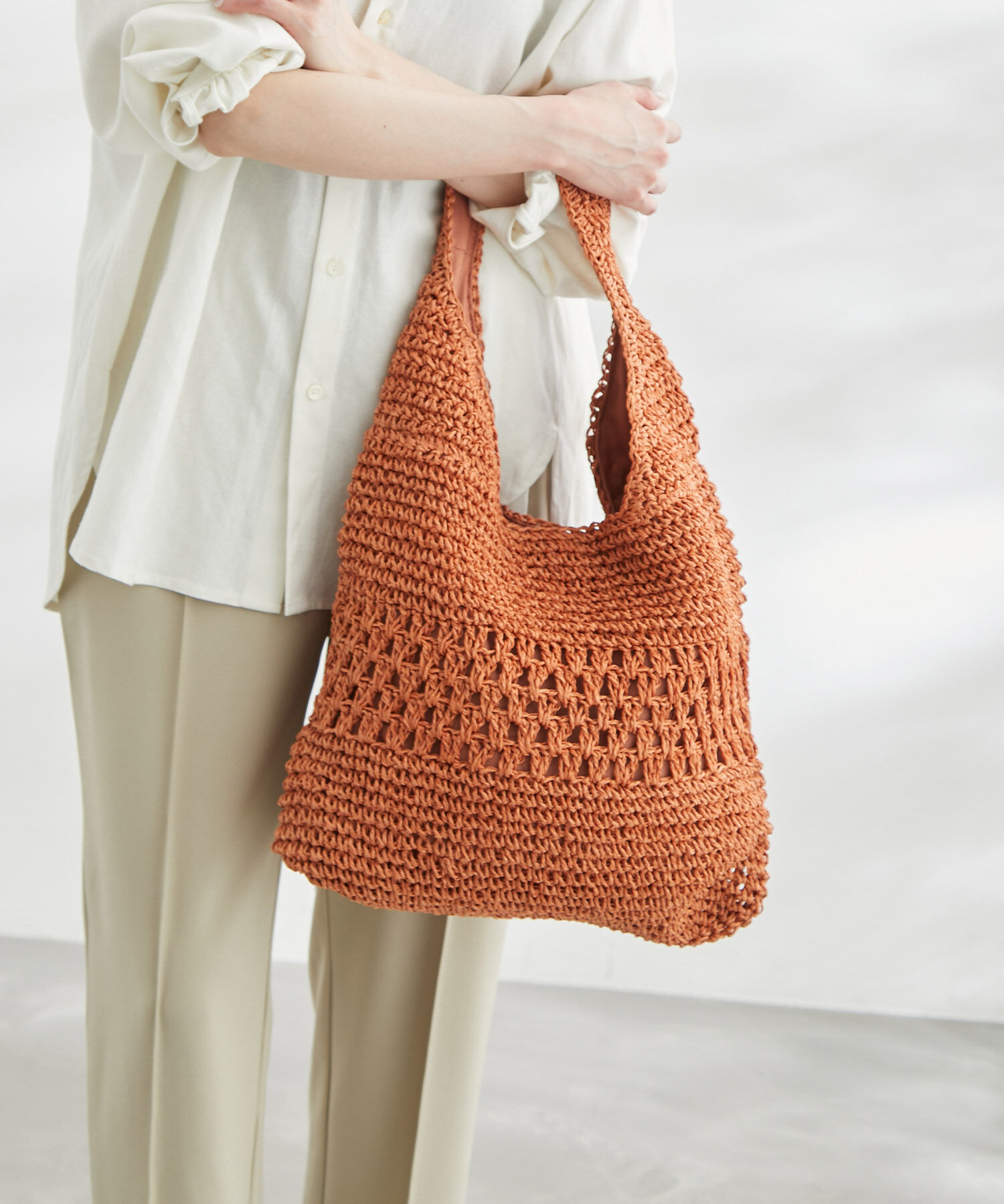 ROPE PICNIC PASSAGE「透かし編みペーパーホーボーワンショルダーバッグ」|トートバッグ|オレンジ(70)