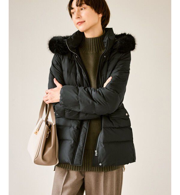 Rope&rsquo;Picnic「【GREEN DOWN/グリーンダウン】ファー付きダウンミドル丈コート/リンクコーデ」|ダウン|ブラック(01)