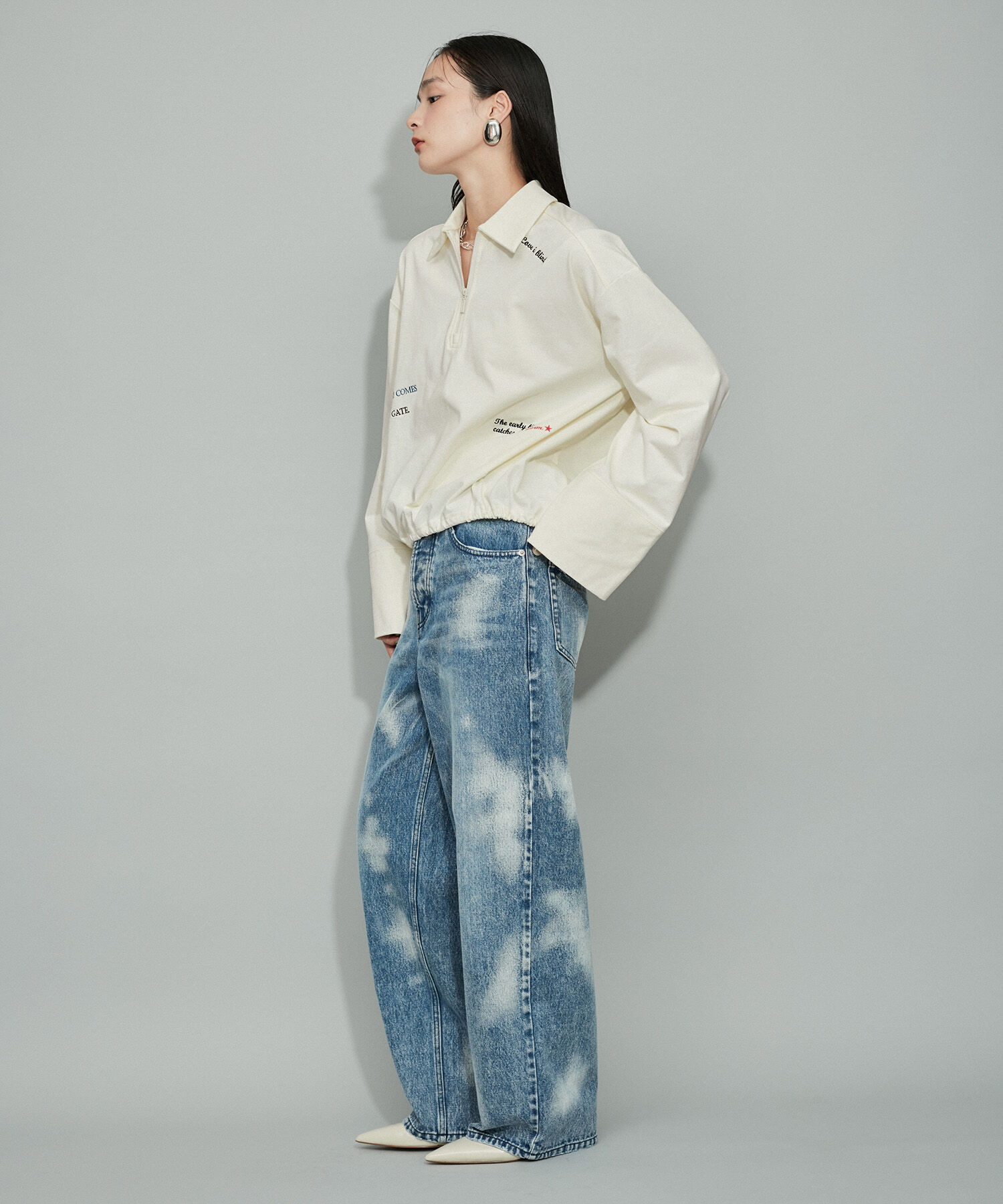 ADAM ET ROPE'「【WEB限定・洗える】ミックスロゴ刺繍ハーフジップロンT」|Tシャツ・カットソー|