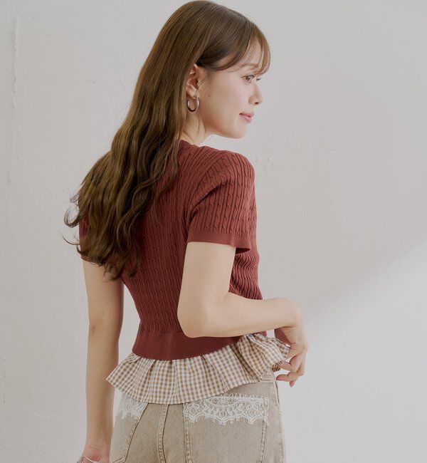  「裾ドッキングケーブル半袖ニット」|カーディガン|