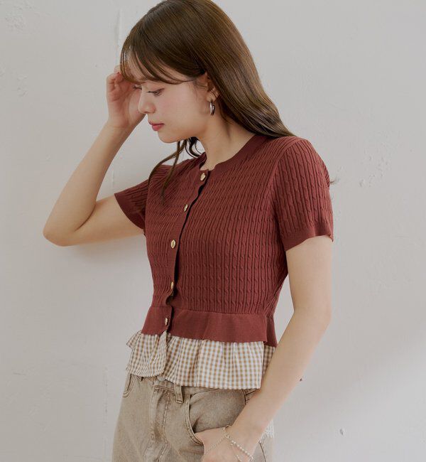  「裾ドッキングケーブル半袖ニット」|カーディガン|