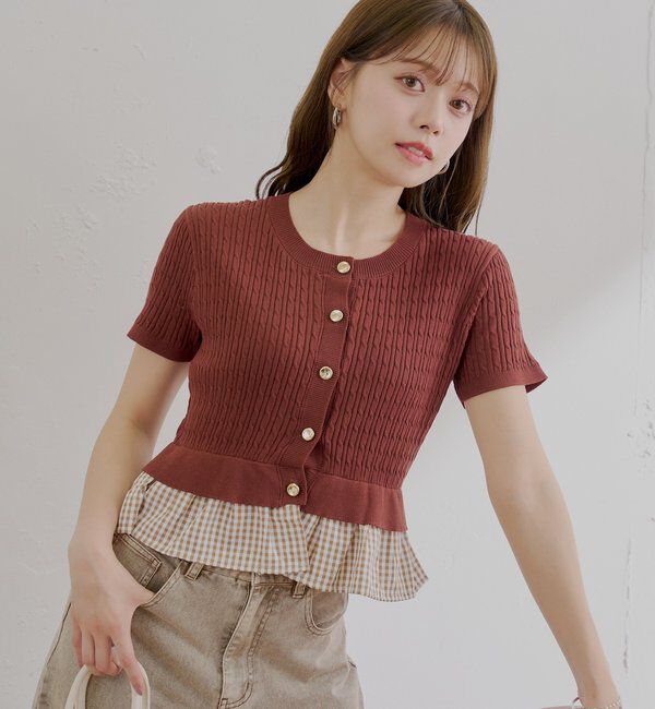  「裾ドッキングケーブル半袖ニット」|カーディガン|ブラウン