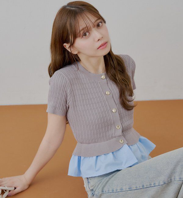  「裾ドッキングケーブル半袖ニット」|カーディガン|グレー