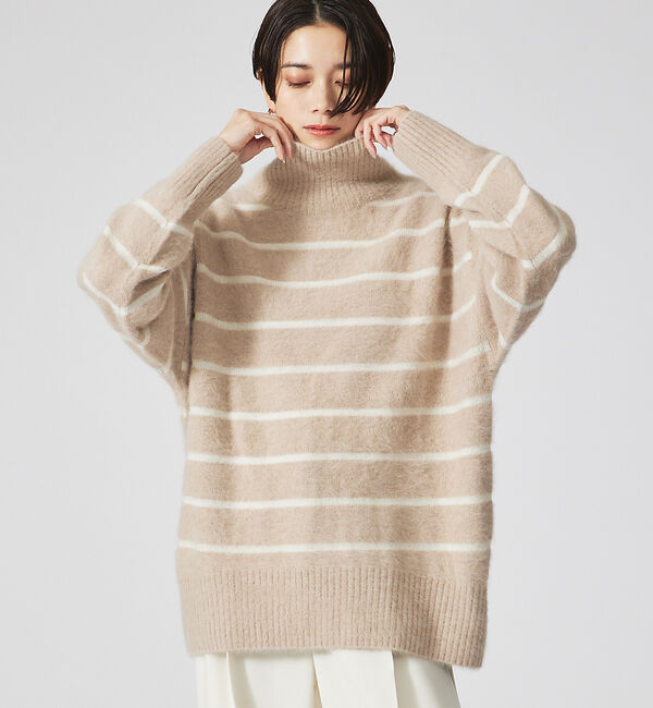 qualite「【LILLY LYNQUE】ハイネックボーダーニット」|ニット・セーター|ベージュ