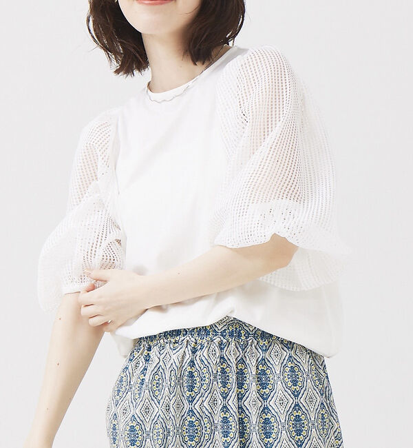 abahouse mavie「メッシュボリューム5分袖コンビプルオーバー」|Tシャツ・カットソー|ホワイト