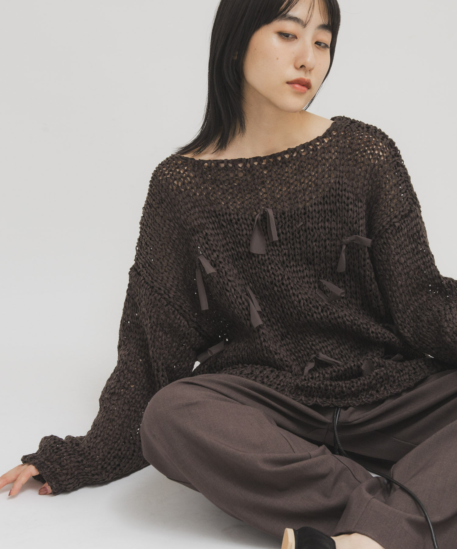  「テープヤーンリボンオーバーニット」|ニット・セーター|ダークブラウン