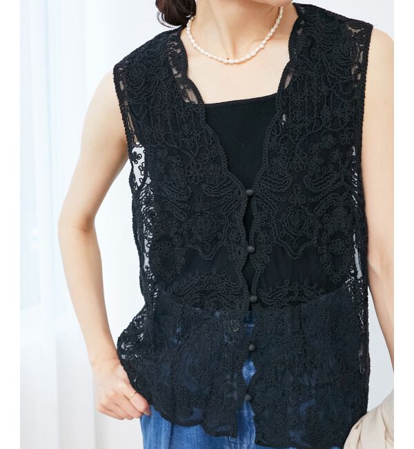 le.coeur blanc「《手洗い可能》TORRAZZO DONNAメッシュレースベスト」|ベスト・ジレ|ブラック