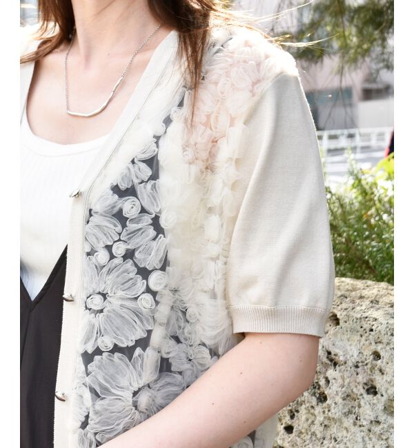  「チュール刺繍ハーフスリーブカーディガン」|カーディガン|