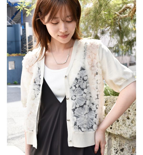  「チュール刺繍ハーフスリーブカーディガン」|カーディガン|