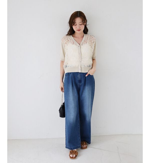  「チュール刺繍ハーフスリーブカーディガン」|カーディガン|