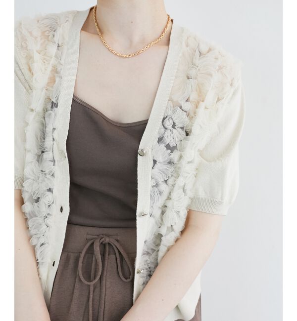  「チュール刺繍ハーフスリーブカーディガン」|カーディガン|