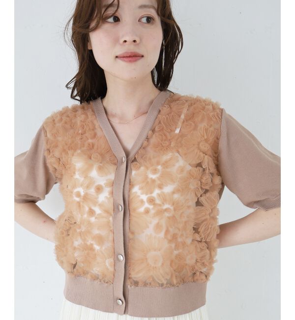  「チュール刺繍ハーフスリーブカーディガン」|カーディガン|
