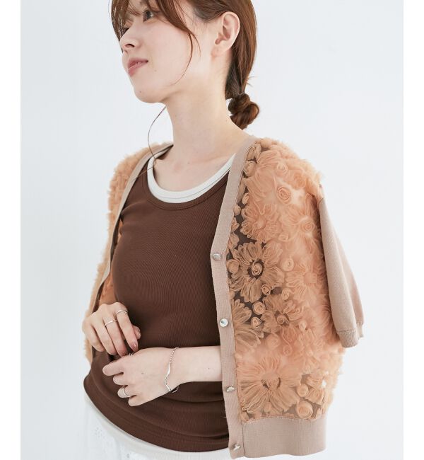  「チュール刺繍ハーフスリーブカーディガン」|カーディガン|