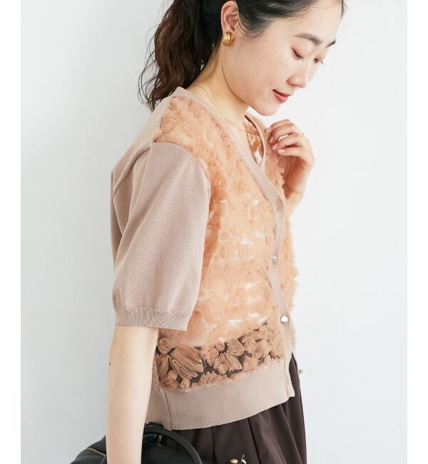  「チュール刺繍ハーフスリーブカーディガン」|カーディガン|