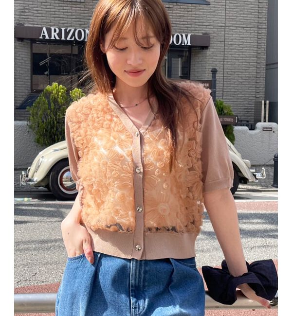  「チュール刺繍ハーフスリーブカーディガン」|カーディガン|