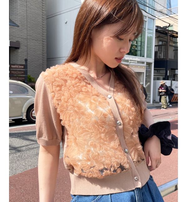  「チュール刺繍ハーフスリーブカーディガン」|カーディガン|