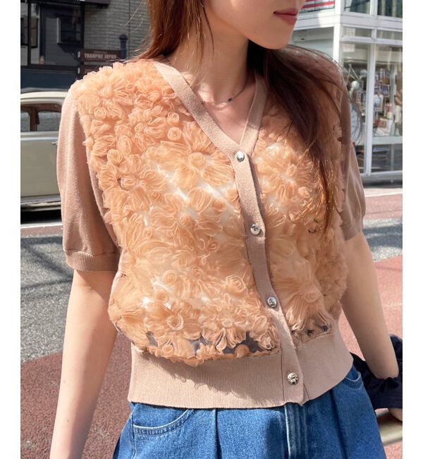  「チュール刺繍ハーフスリーブカーディガン」|カーディガン|
