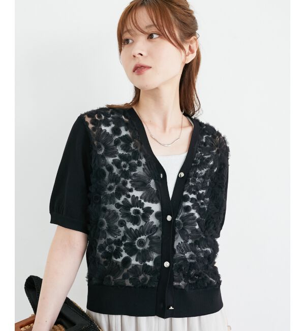  「チュール刺繍ハーフスリーブカーディガン」|カーディガン|
