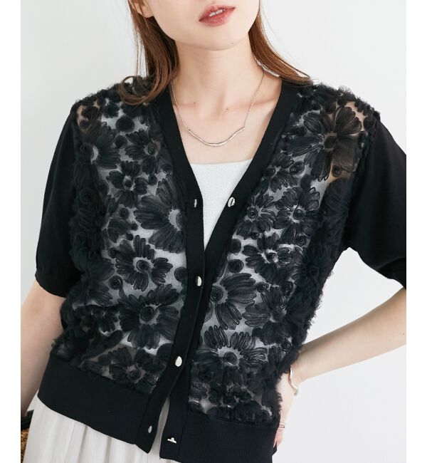  「チュール刺繍ハーフスリーブカーディガン」|カーディガン|