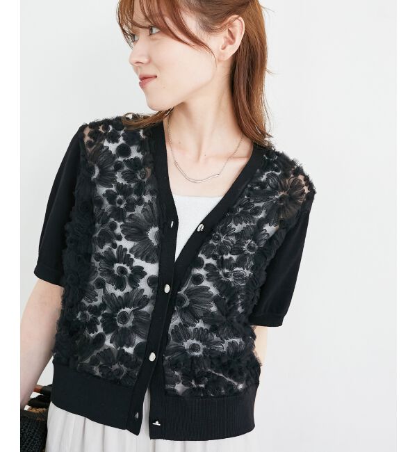  「チュール刺繍ハーフスリーブカーディガン」|カーディガン|