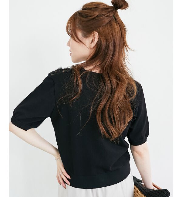  「チュール刺繍ハーフスリーブカーディガン」|カーディガン|