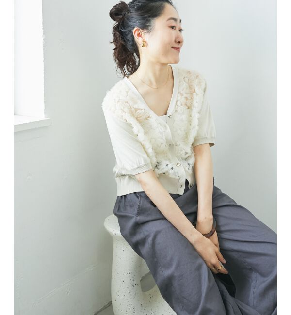  「チュール刺繍ハーフスリーブカーディガン」|カーディガン|