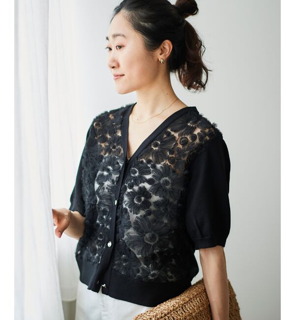  「チュール刺繍ハーフスリーブカーディガン」|カーディガン|